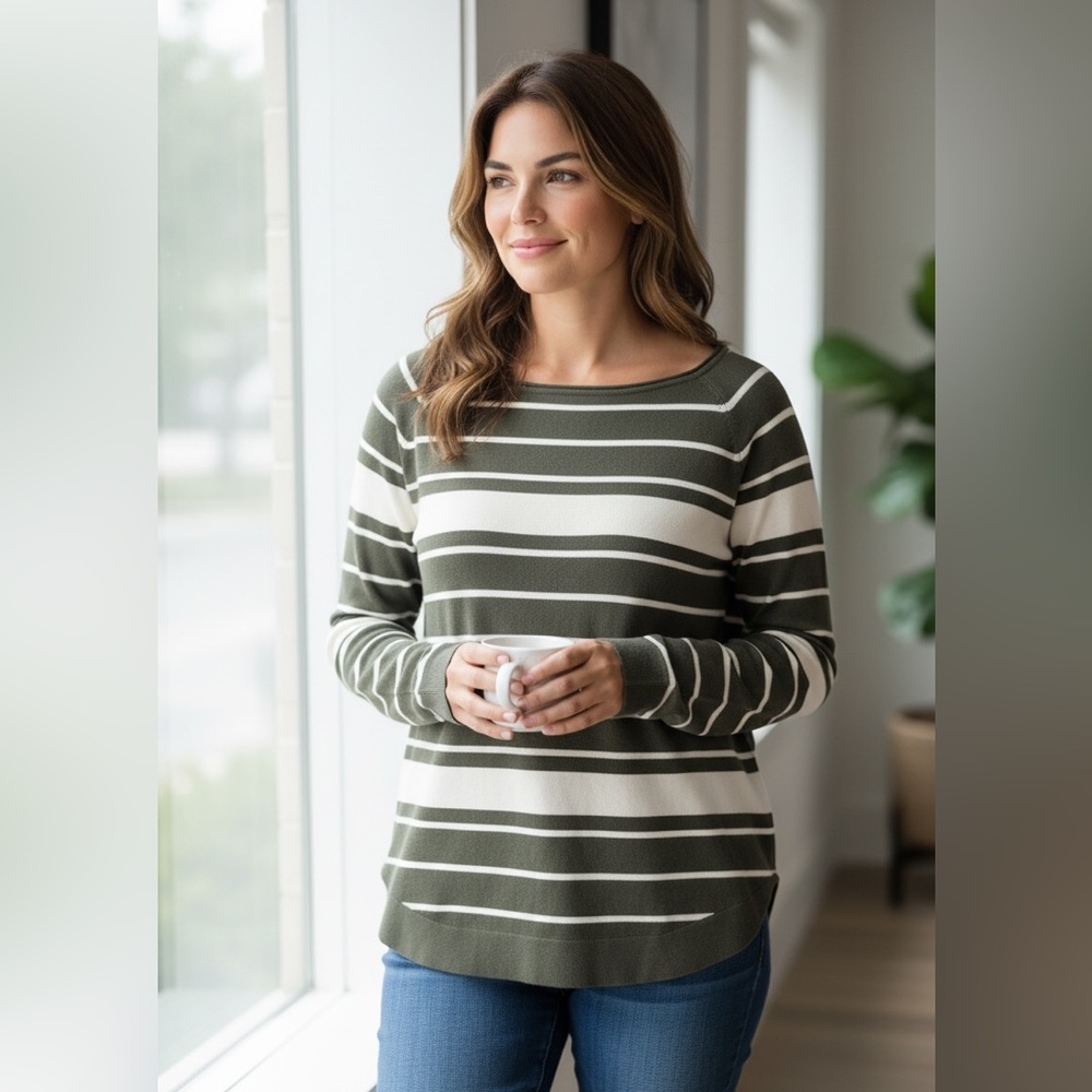 Pink Clover Stitch Fix Valencia Curved Hem Sweater‎ Olive Green Stripe, Large